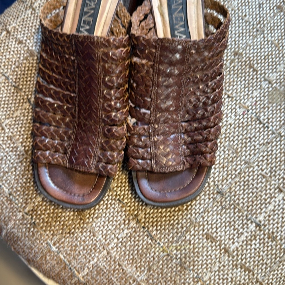 Brown Woven Leather Slip-On Sandals